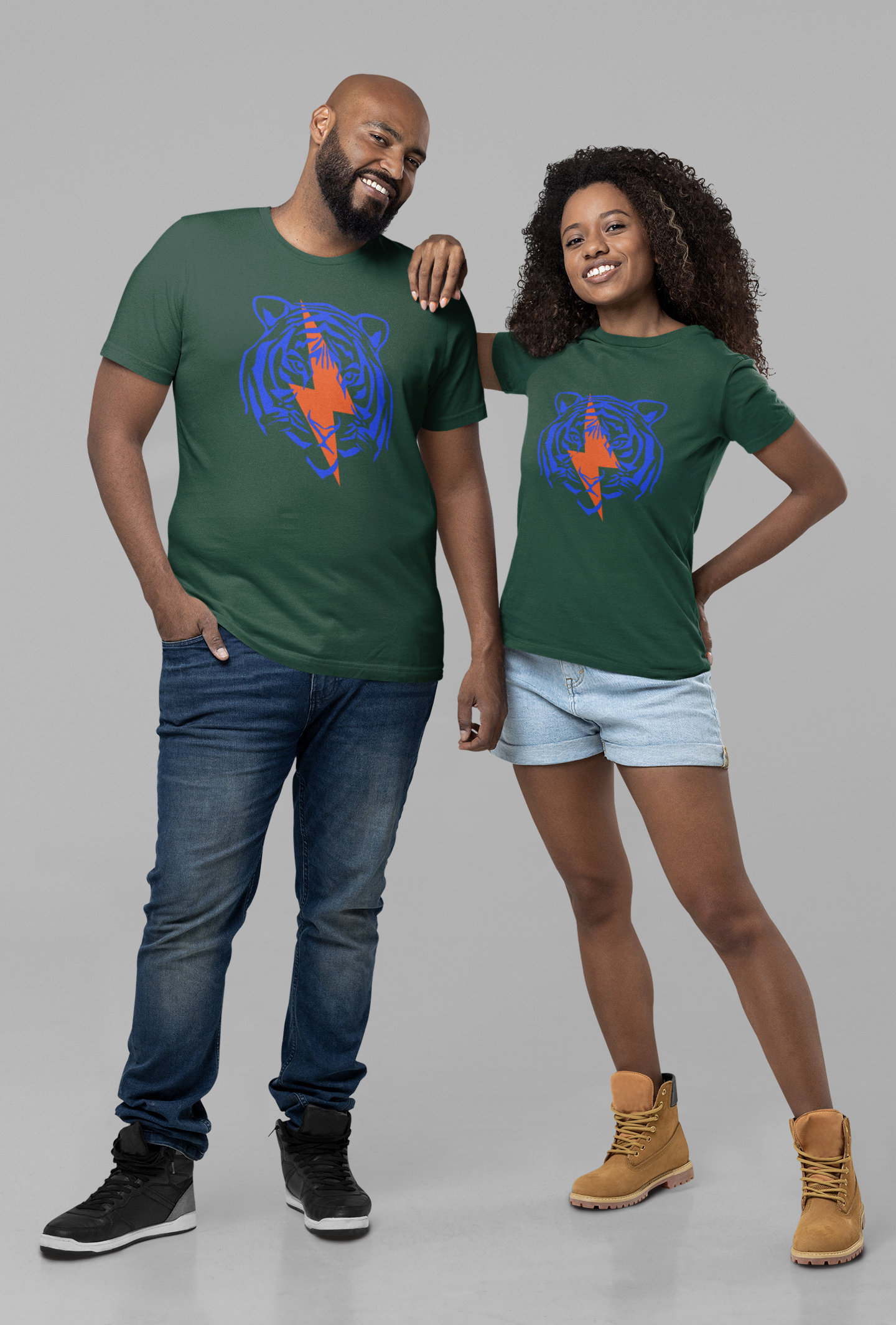 Neon blue and orange tiger design on organic bottle green t-shirt