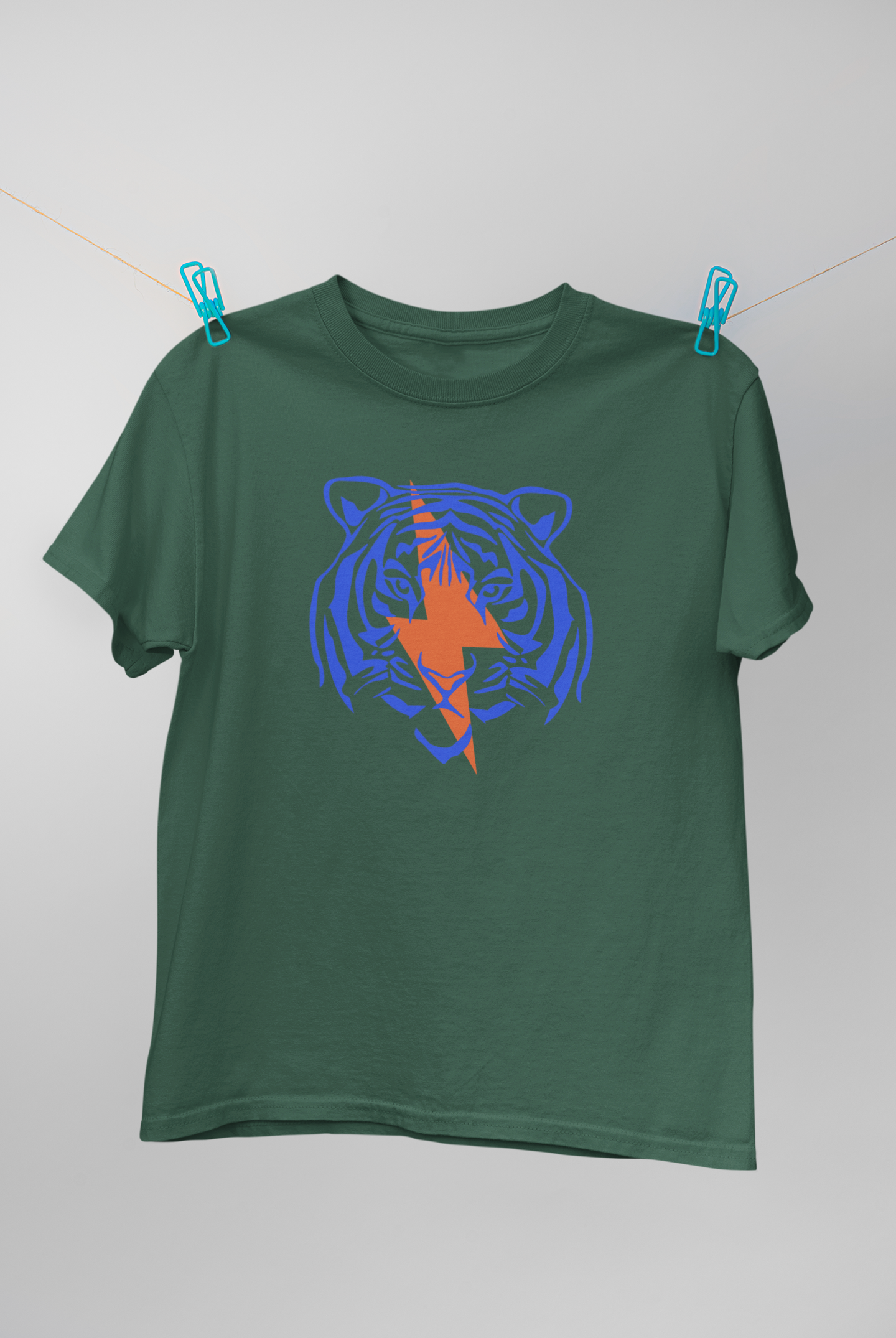 Neon blue and orange tiger design on organic bottle green t-shirt