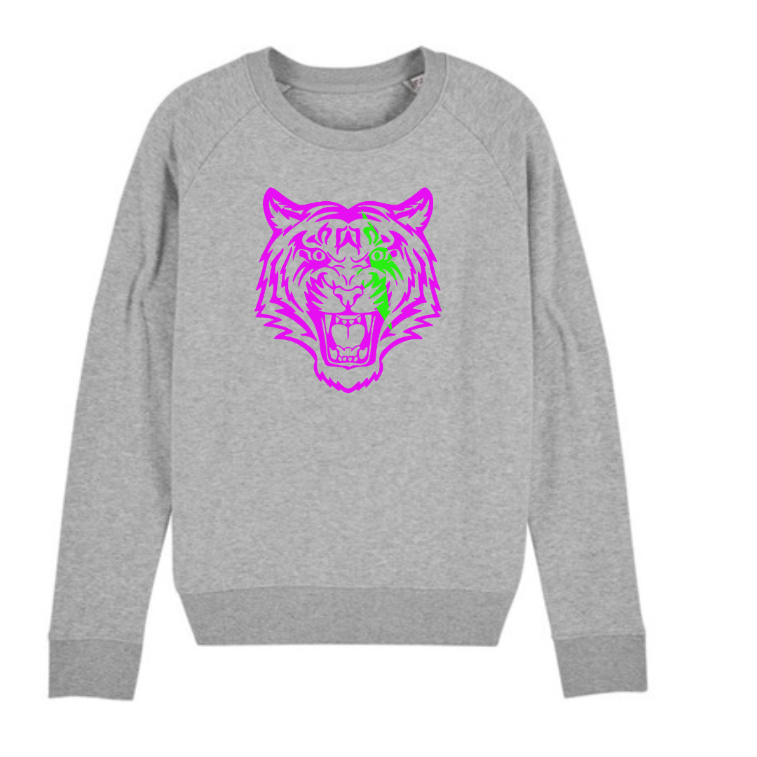 Women’s cotton grey sweatshirt with fluorescent pink tiger
