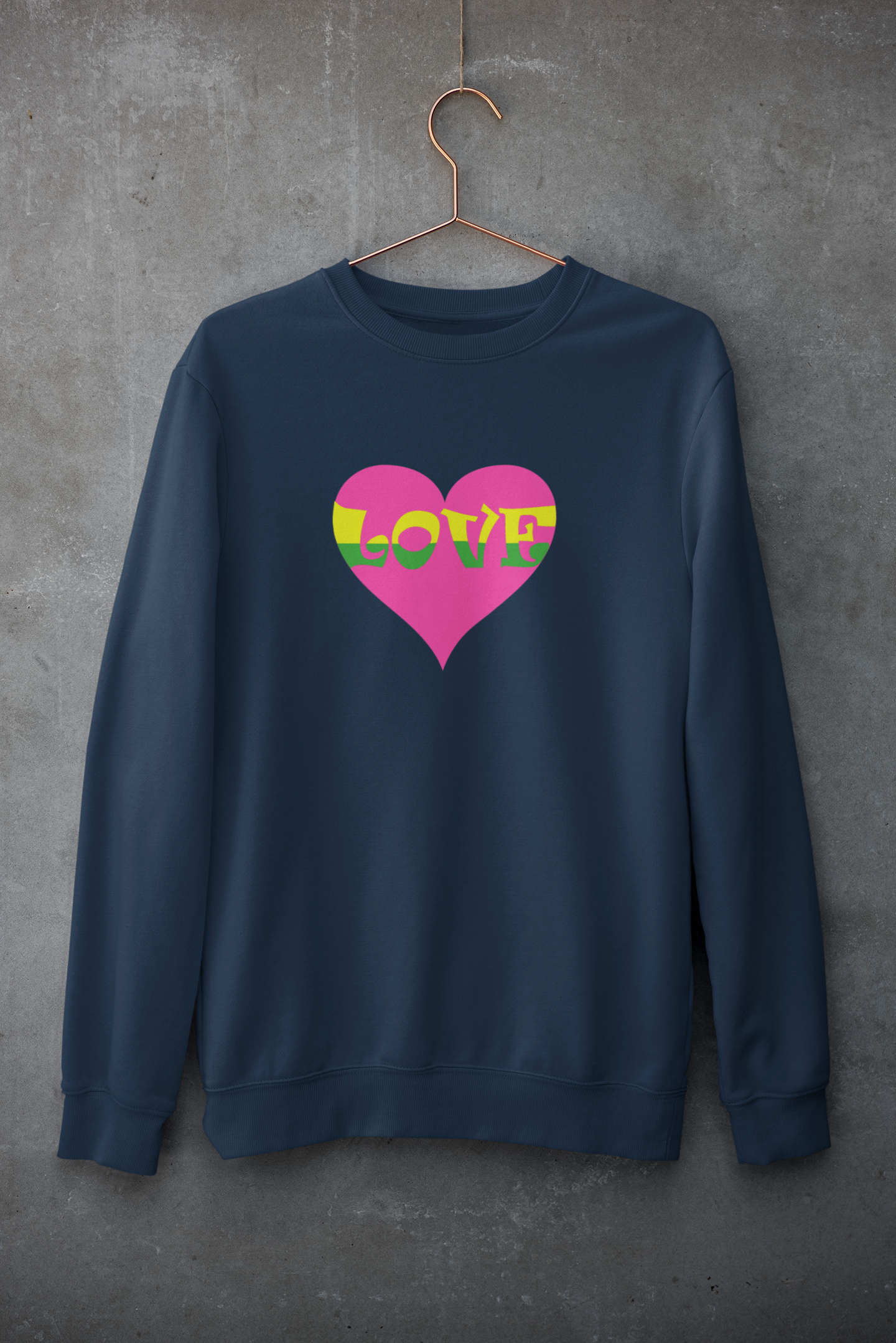 Women’s organic love sweatshirt Soft organic dark navy blue sweatshirt with a Fluorescent pink heart with contrasting LOVE. 85% Soft organic cotton, 15% recycled polyester