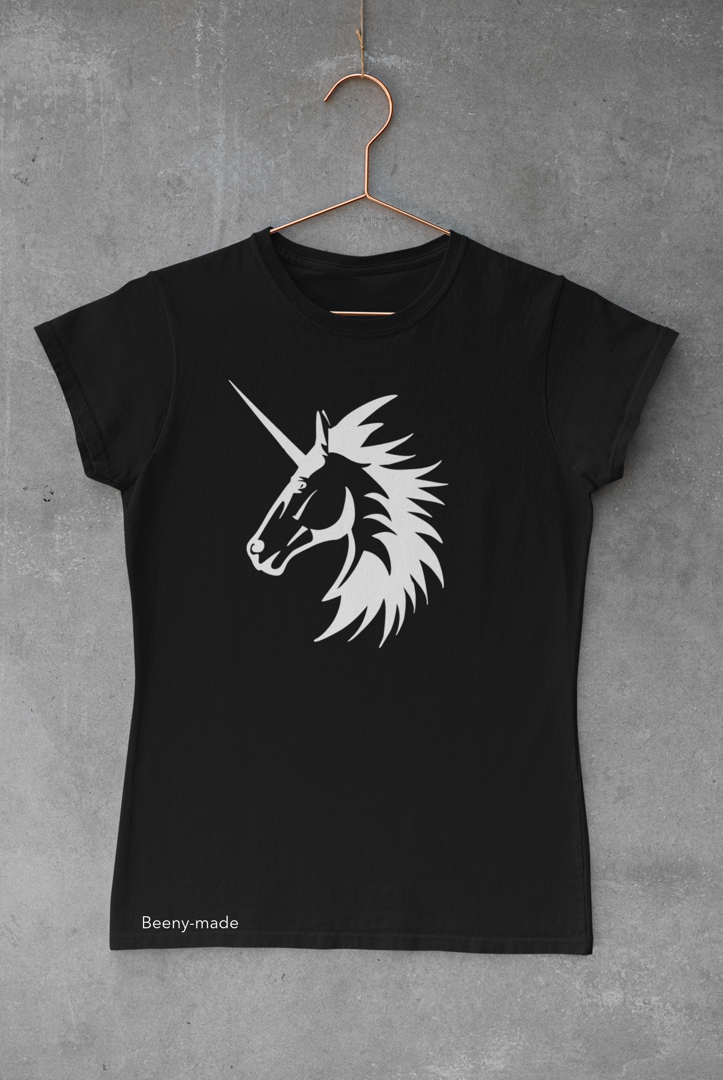 100% organic black cotton unisex t-shirt with a white unicorn.