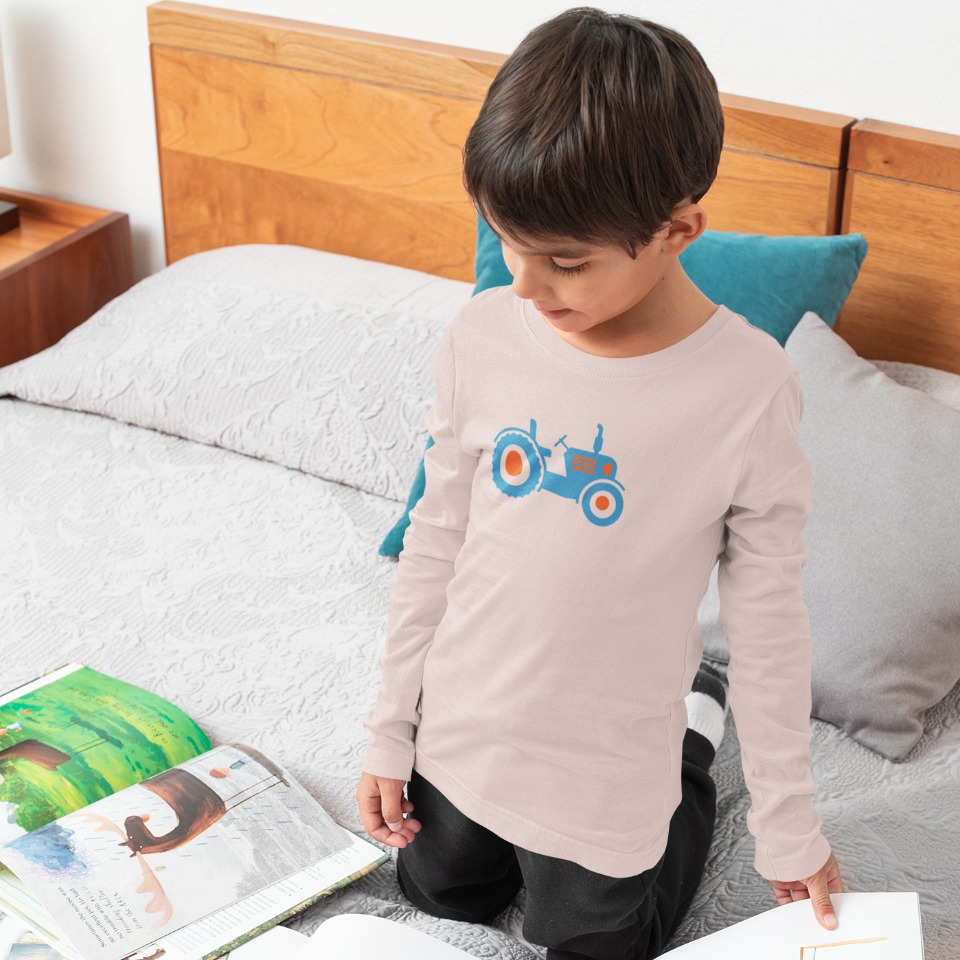 Kids Pink long sleeve t shirt with blue and orange tractor  