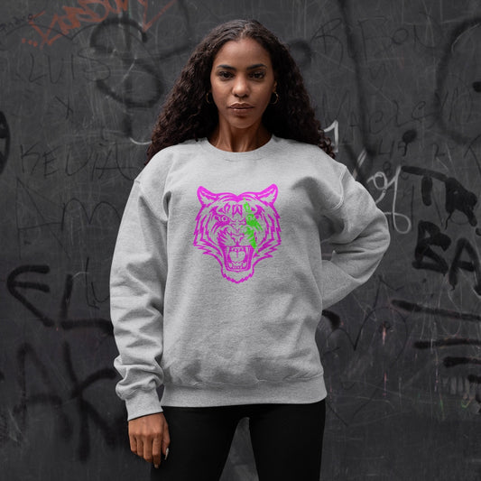 Women’s cotton grey sweatshirt with fluorescent pink tiger