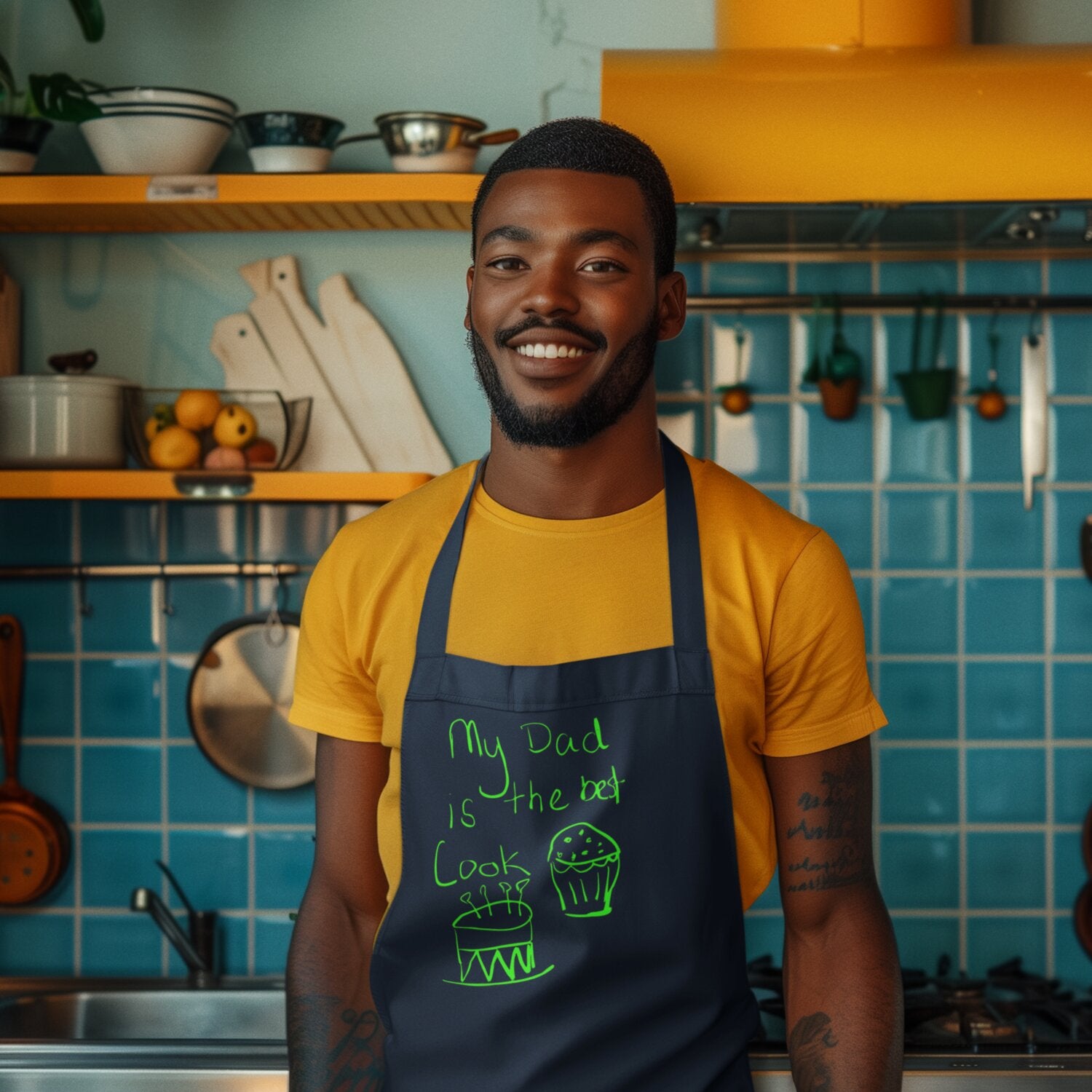 Man in the kitchen wearing a navy apron printed with a child's drawing