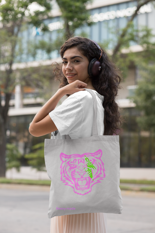 Light gray tote bag with a fluorescent pink tiger