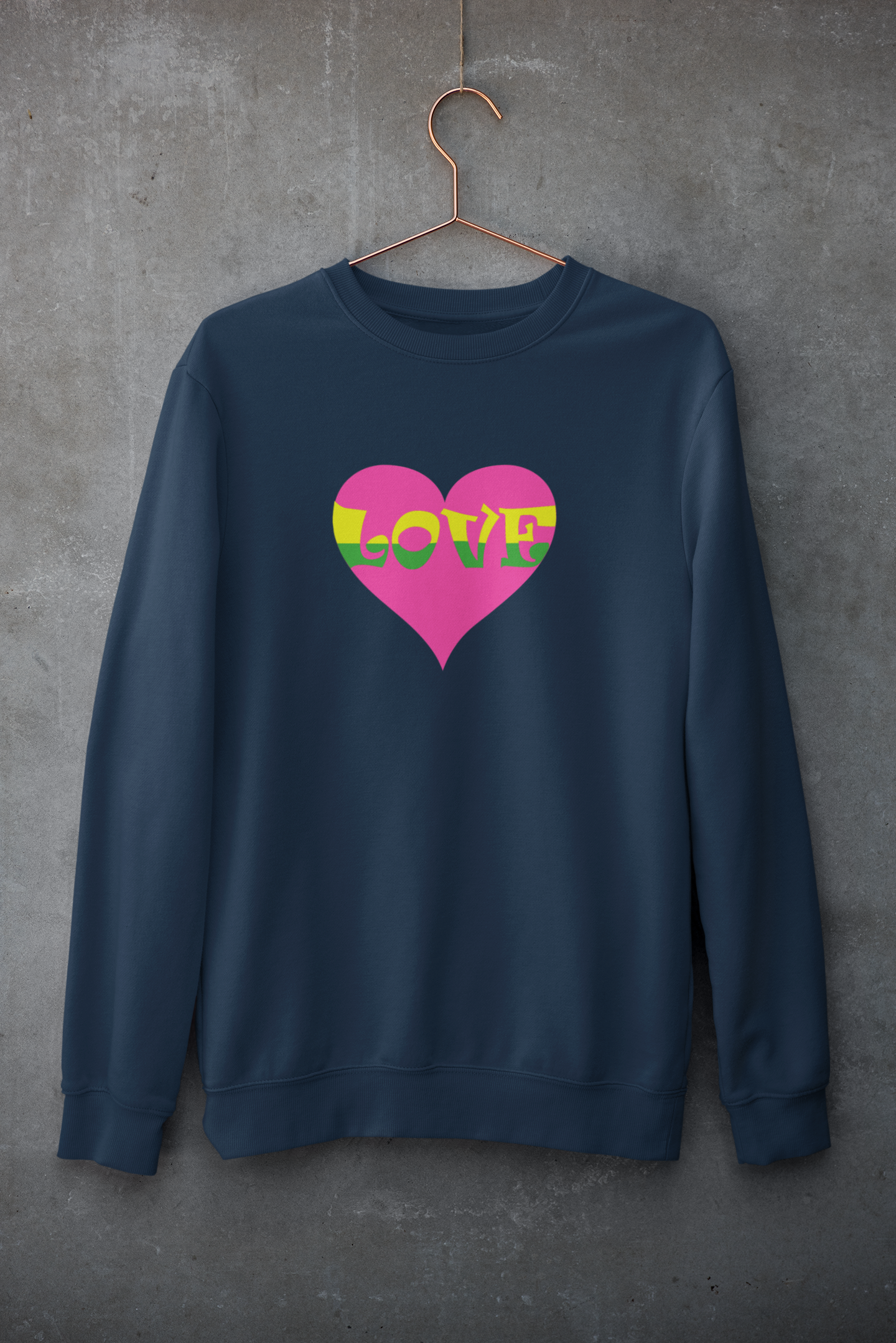Women’s organic love sweatshirt Soft organic dark navy blue sweatshirt with a Fluorescent pink heart with contrasting LOVE.   85% Soft organic cotton, 15% recycled polyester