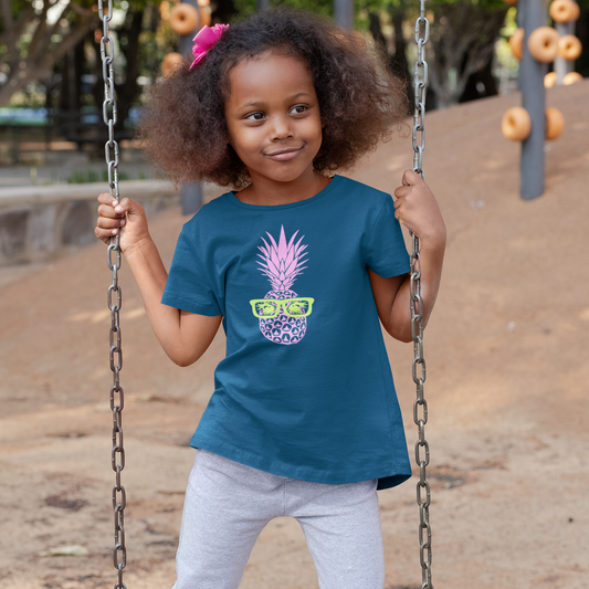 Kids organic cotton teal t-shirt with a contrasting pineapple.