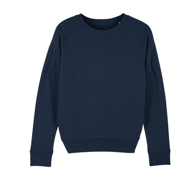 Women’s dark blue organic cotton sweatshirt.