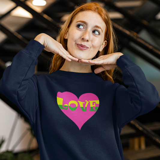 Women’s organic love sweatshirt Soft organic dark navy blue sweatshirt with a Fluorescent pink heart with contrasting LOVE.   85% Soft organic cotton, 15% recycled polyester