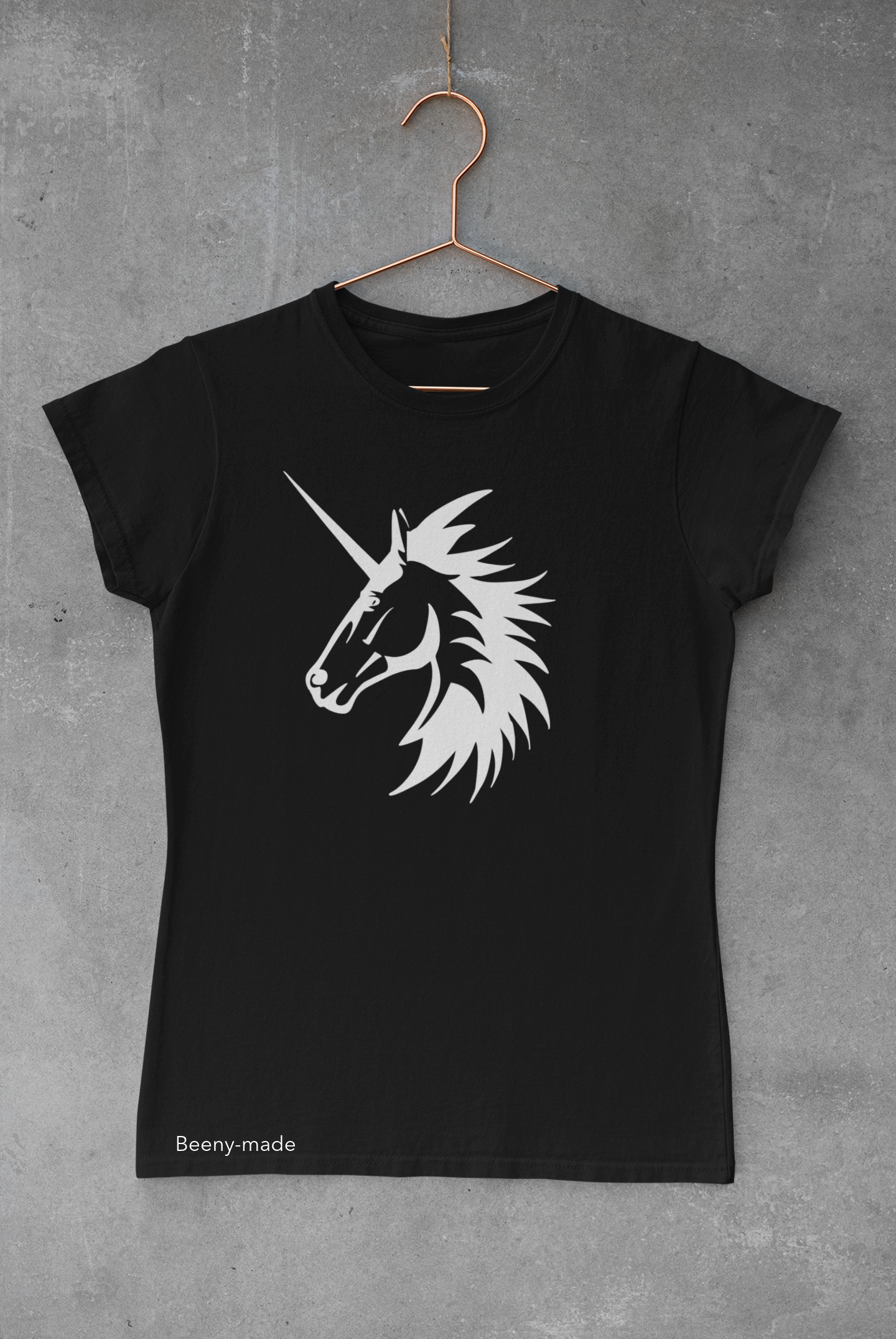 100% organic black cotton unisex t-shirt with a white unicorn. 